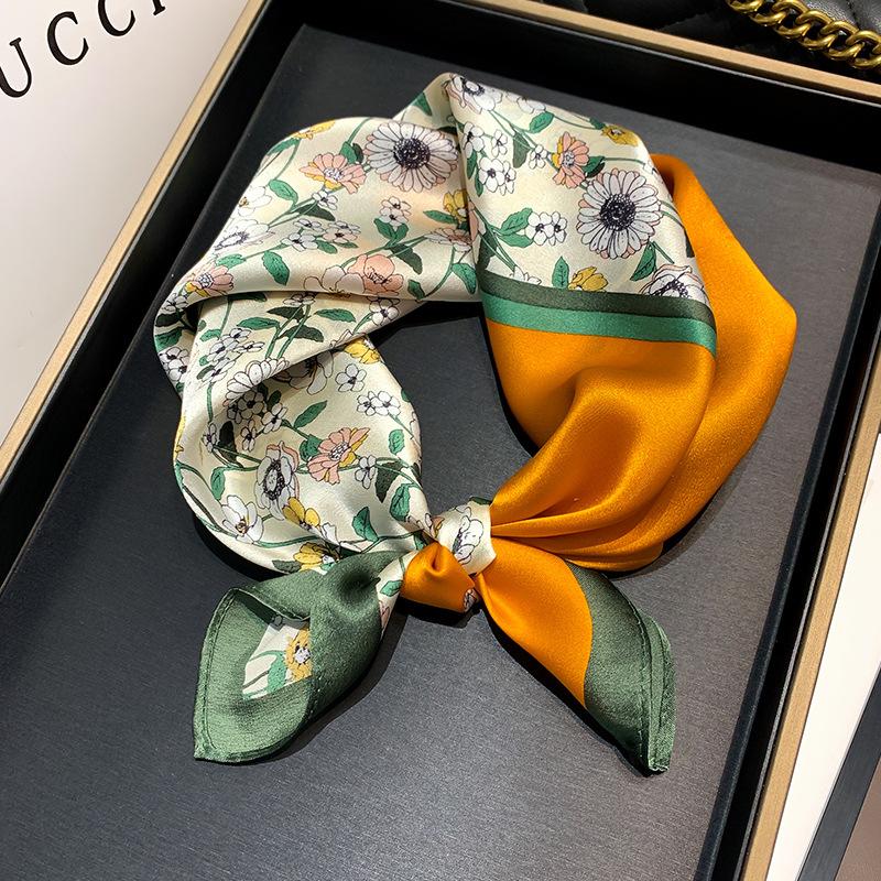 Green floral 100% mulberry silk scarf autumn and winter small square scarf versatile silk scarf temperament Korean silk scarf women