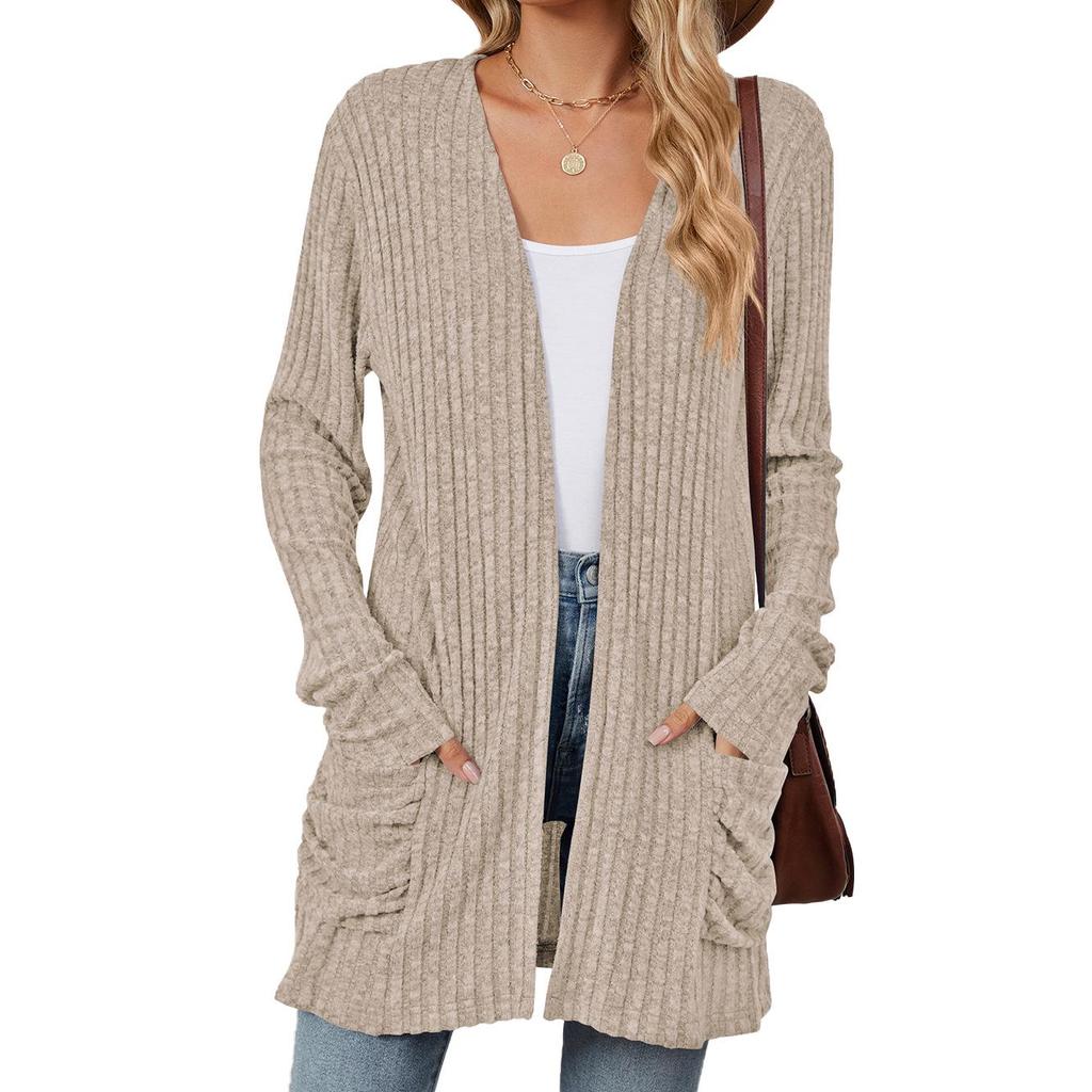 2024 Autumn/Winter Solid Color Long-Sleeve Pocket Cardigan Knitwear