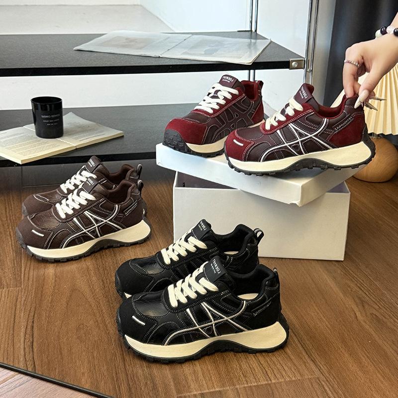 Cowhide Version Thick-soled Heightening Color Matching Shoes Women's Autumn New Sports and Leisure Shoes