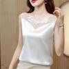 Summer Sleeveless Loose Silk Shirt Elegant Office Lady Tops Casual Clothes Fashion Lace Embroidery Satin Blouse For Women 25219