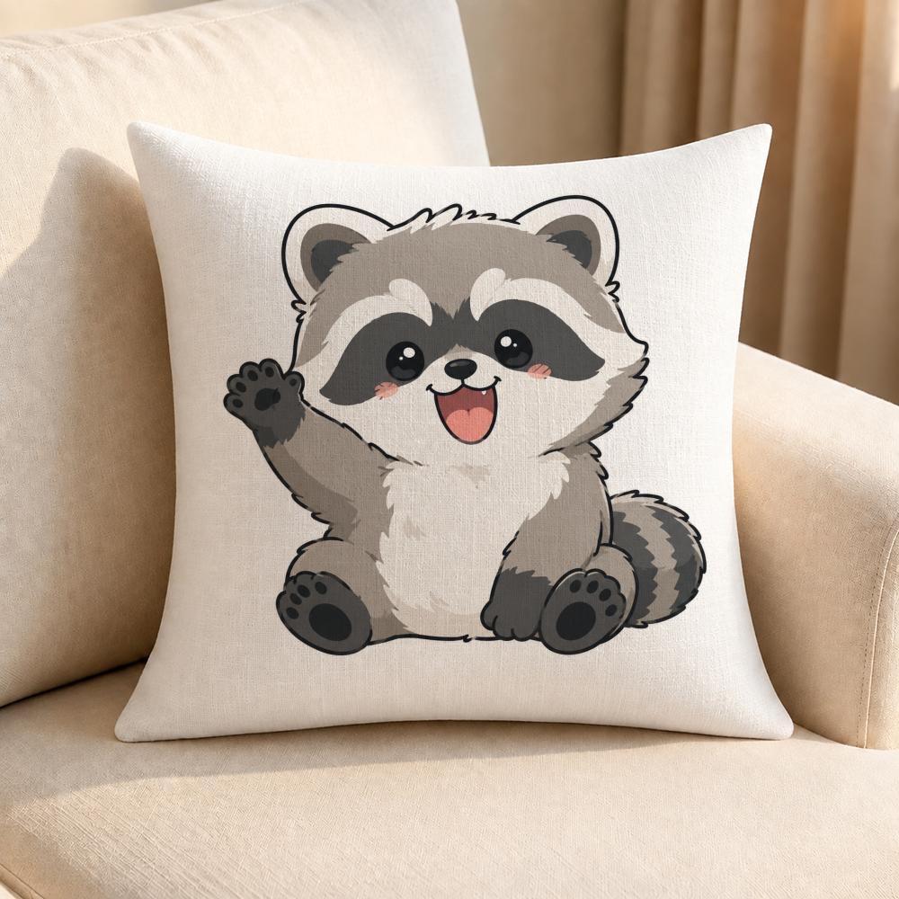 Character Cute Little Raccoon Cushion Cover Linen AntiMite Antibacterial Cushion Cover Invisible Zipper Sofa Decor