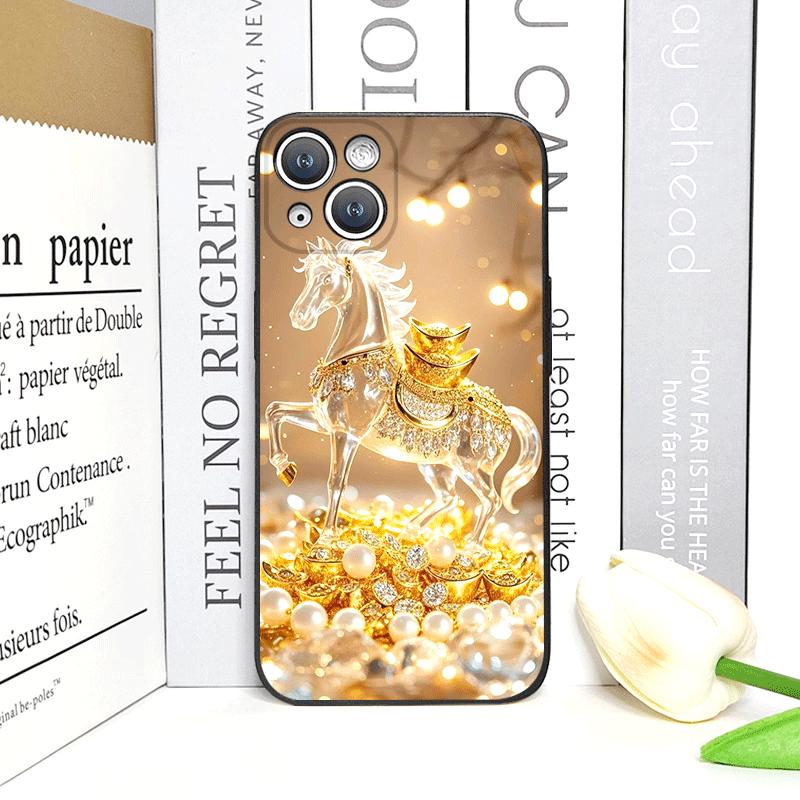 Luxury Crystal Golden Horse Pattern Phone Case for IPhone 17 16 12 11 14 Plus 13 15 Pro Max Mini X XS XR Shockproof Soft Covers