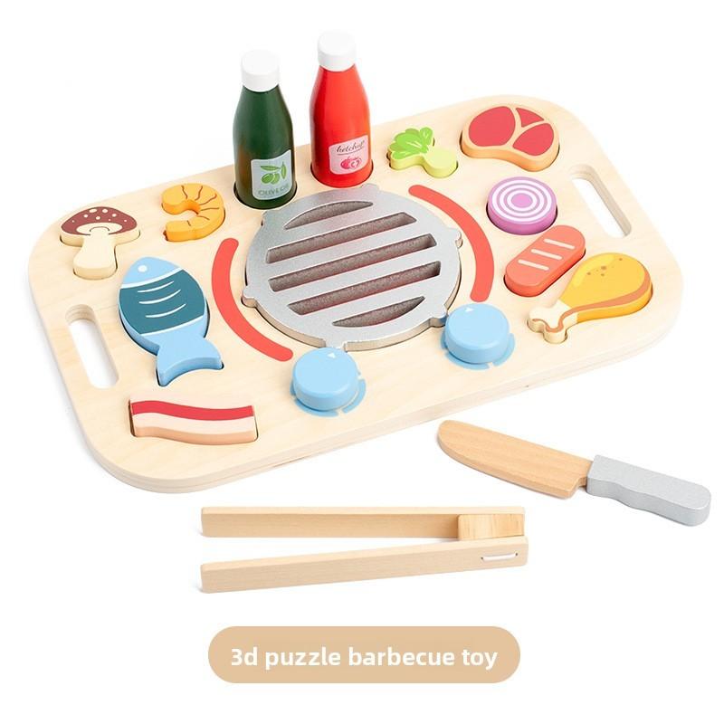 Kitchen Wooden Toy Set With Snack And Bbq Play Food For Children Fun Learning