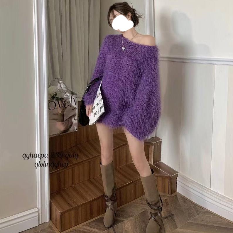 Dámský pletený svetr se svetrem s lodním límcem a volným svetrem z umělého norkového sametu