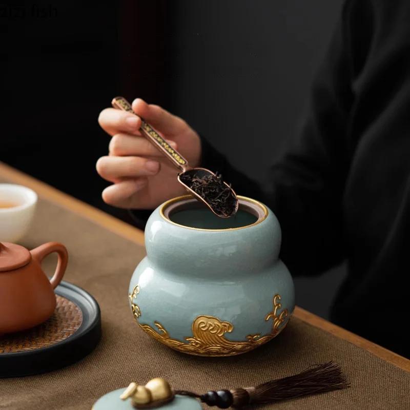 Gourd Shaped Ceramic Tea Jar Sealed Jar Tea Box Black Teas Green Teas Jar Teas Container Tea Canister Household Storage Jars