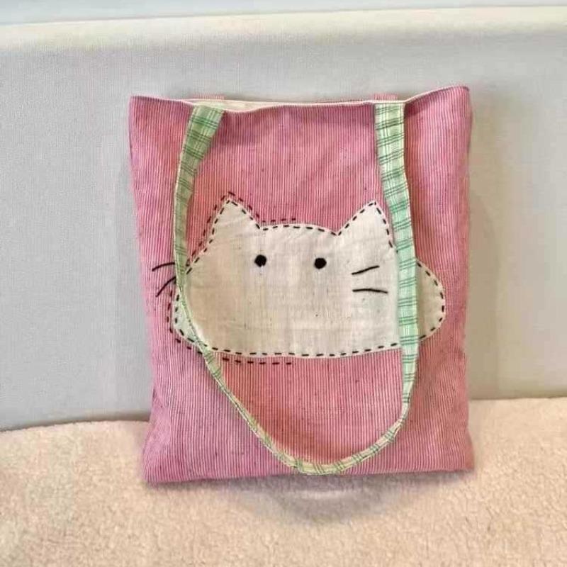 

Новая холщовая сумка через плечо, универсальная простая женская сумка, милая мультяшная кошачья голова, розовая сумка через плечо