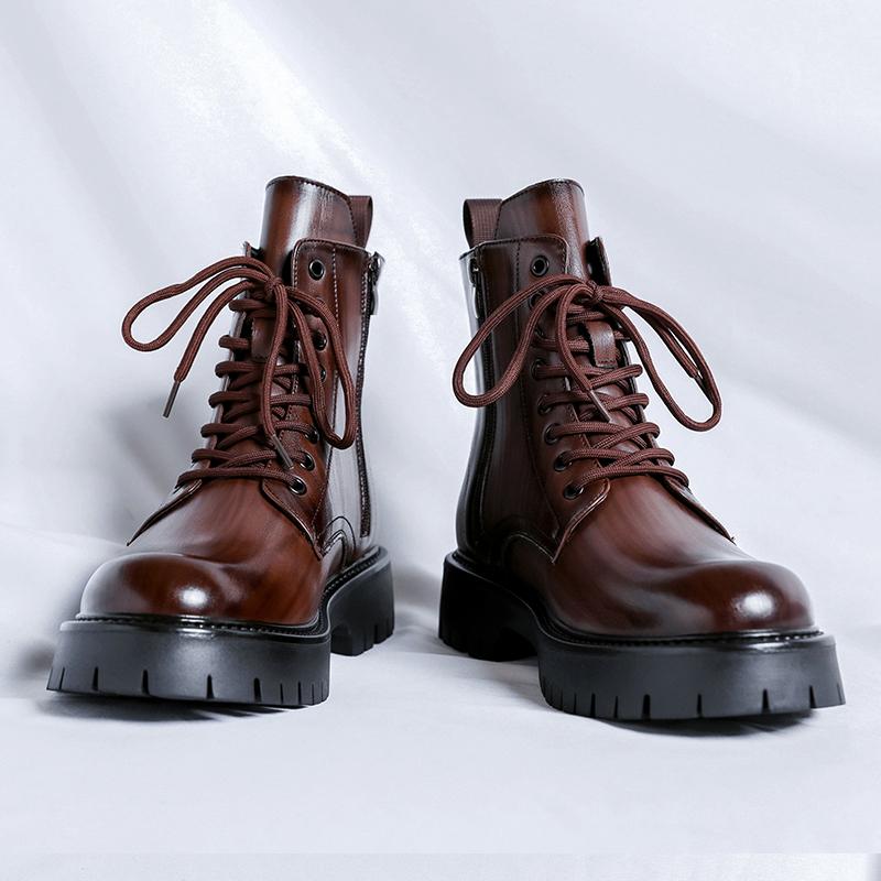 Pánské ležérní kožené boty s vysokým svrškem, silnou podrážkou, motorkářské boty na šněrování, jednobarevné kotníkové boty ke střednímu lýtku, teplá plyšová kožešinová obuv