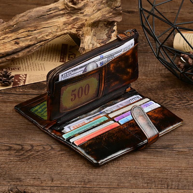 Men's Wallet, Hand Painted and Worn, with A Long Leather Top Layer and A Casual Wallet Made of Genuine Leather with Multiple Card Holders