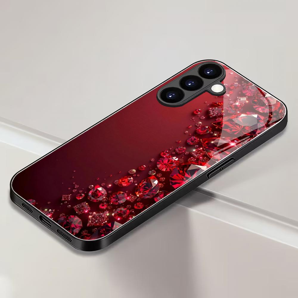 Red Diamond Patterned Glass Phone Case Suitable for Samsung Galaxy S26 S25 S24 S23 S22 S20 FE/Ultra/Plus5G Anti Drop Back Cover