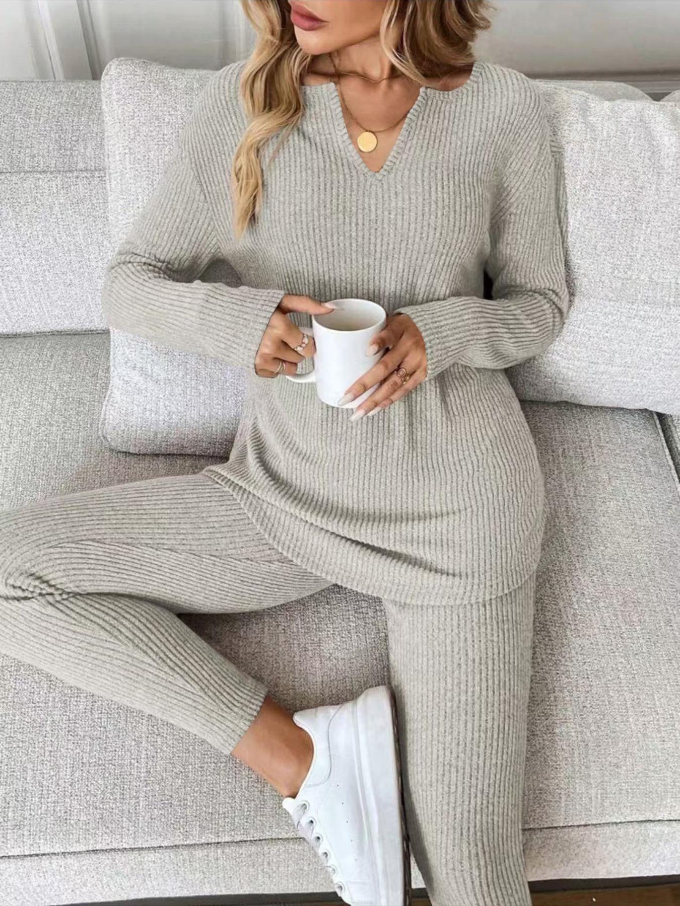2025 new cross-border Amazon women s fashion casual suit V-neck design, simple fashion casual home S серый
