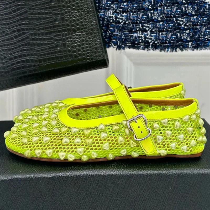 Fashion Pearl Flat Bottomed Comfortable Ballet Dancing Sandals Hollow Out Round Head Buckle Commuting Leisure Mary Jane Single Shoes