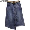 DIMANAF Plus Size Summer 2026 Lady Denim Skirts Women Clothing Blue Fashion A-Line Jeans Skirt Belt Waist