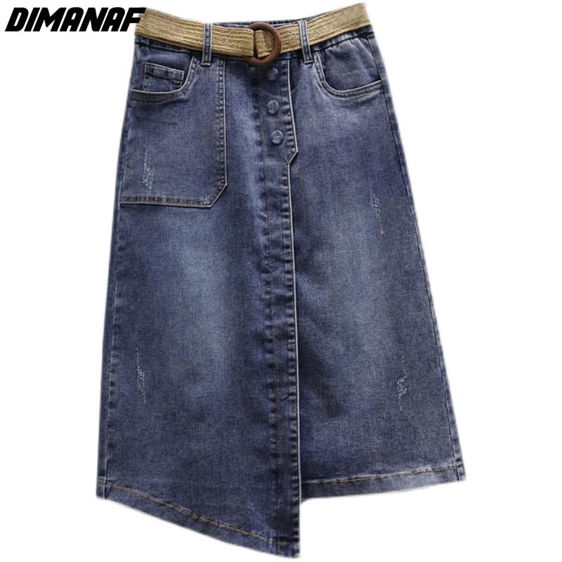 DIMANAF Plus Size Summer 2026 Lady Denim Skirts Women Clothing Blue Fashion A-Line Jeans Skirt Belt Waist