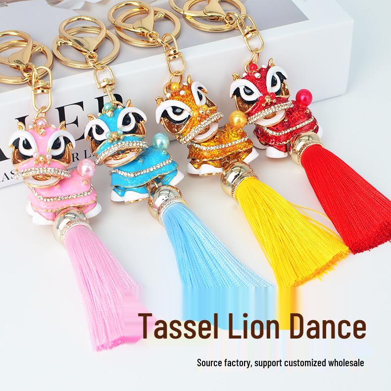 Chinese Red Tassel Dancing Lion Keychain with Rhinestone Charm
