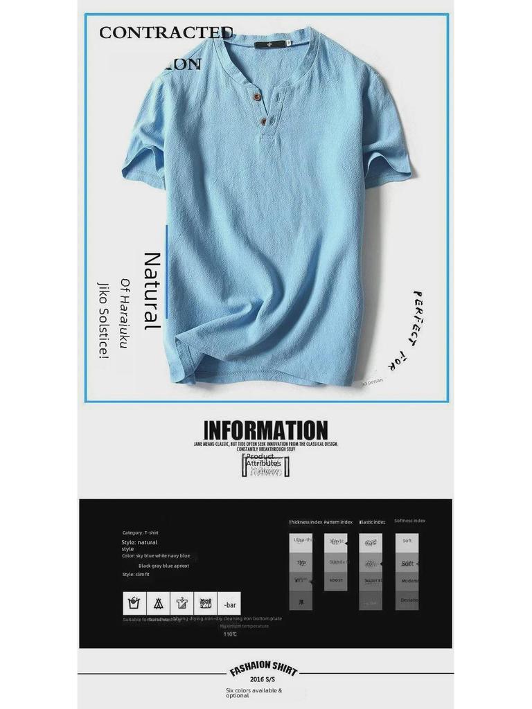 Men's Summer V-Neck Cotton-Linen Short Sleeve T-Shirt with Buttons