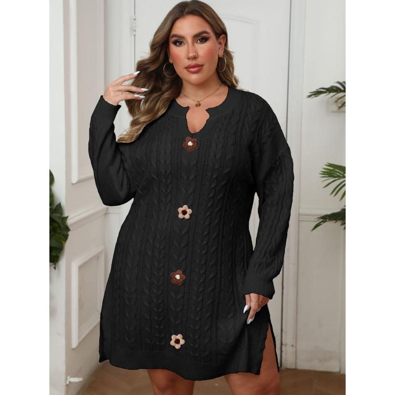 Plus Size Women's V-Neck Cable Knit Sweater Dress Hand Crochet Patchwork Autumn Winter Sweater Dress for Women