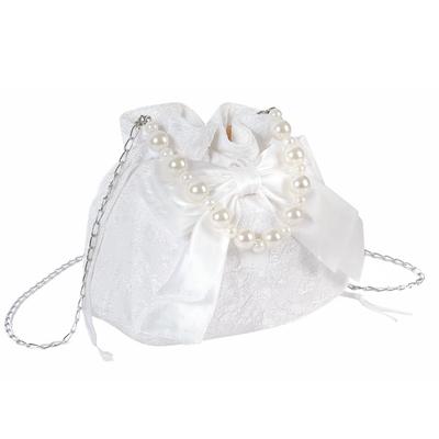 [JP Number] Drawstring Shoulder Chain Handbag with Pearl Ribbon, Small Size, Women's (White)