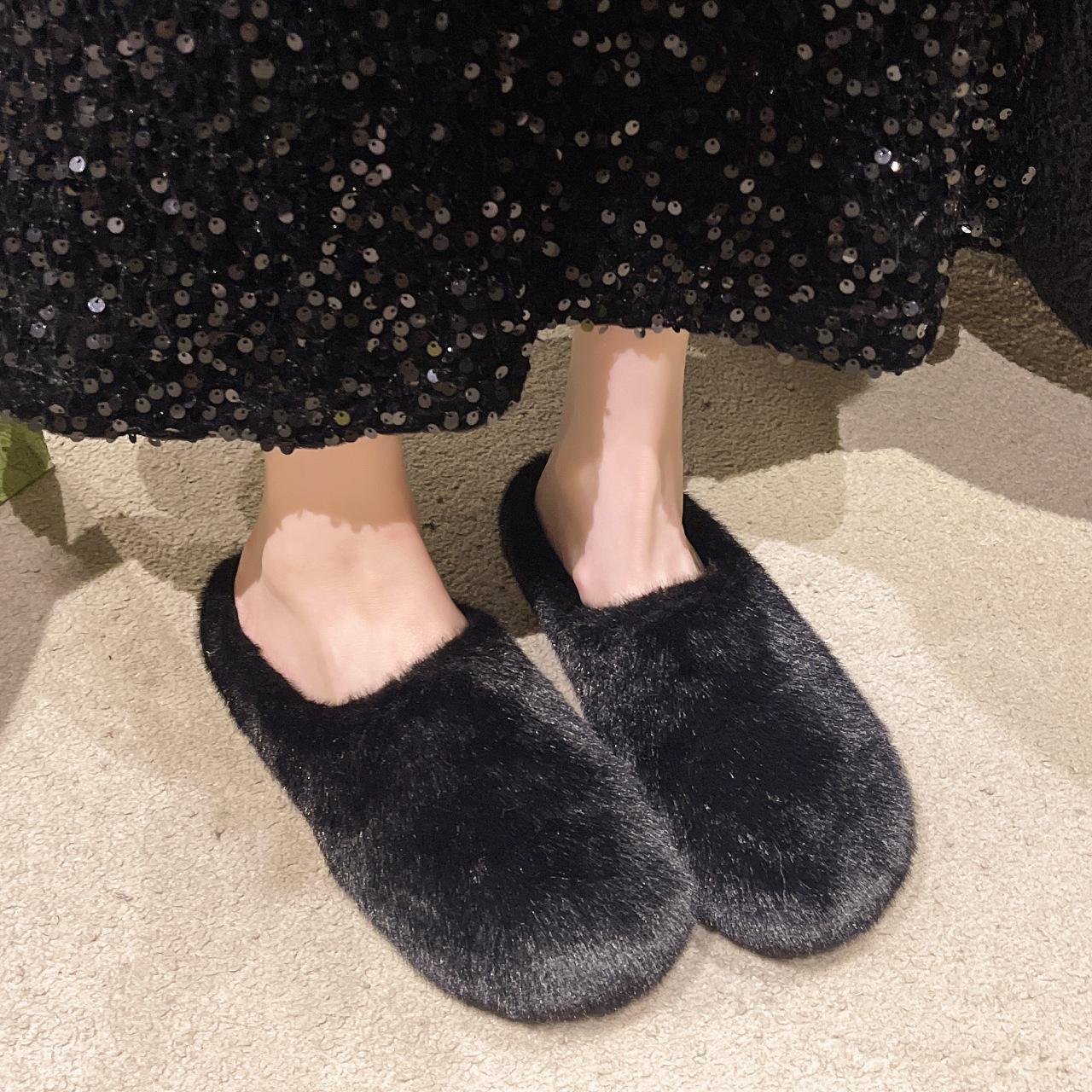 

Женские теплые пушистые туфли на плоской подошве, новинка 2025 года, осенне-зимняя верхняя одежда, пушистые, на одном педале, ленивый мешок, голова-мешок, хлопковый моп 35