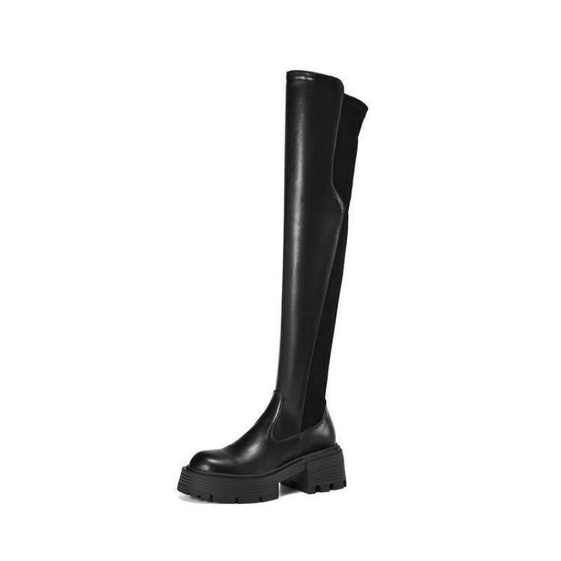 Autumn and winter women's thick-soled non-slip knee boots side zipper solid color large size leather women's boots Korean version of the new Martin
