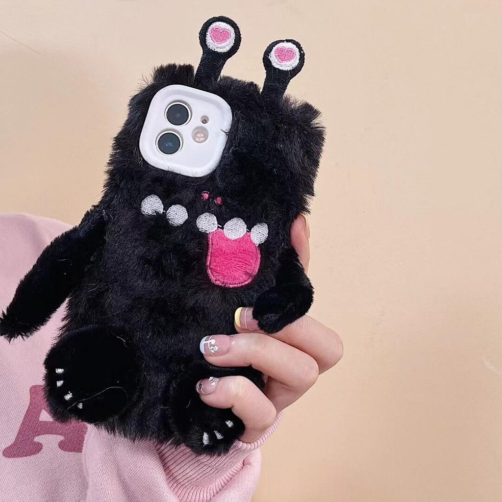 Ins Black Little Monster for Apple 16 Mobile Phone Case Plush for IPhone15promax Soft 14 Female 13 Funny X