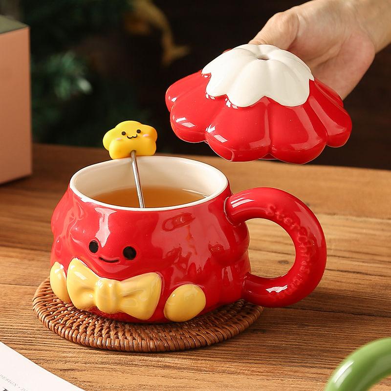 Keramický pohár na vánoční stromeček, tyčka na míchání, hrnek pro pár s víčkem, 420 ml hodnotný dárek k narozeninám pro dívky