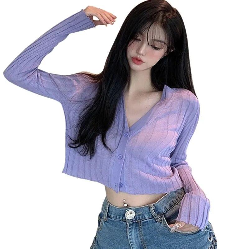 

Женская однотонная тонкая блузка с длинным рукавом и v-образным вырезом, трикотажный кардиган на пуговицах с защитой от солнца One Size фиолетовый