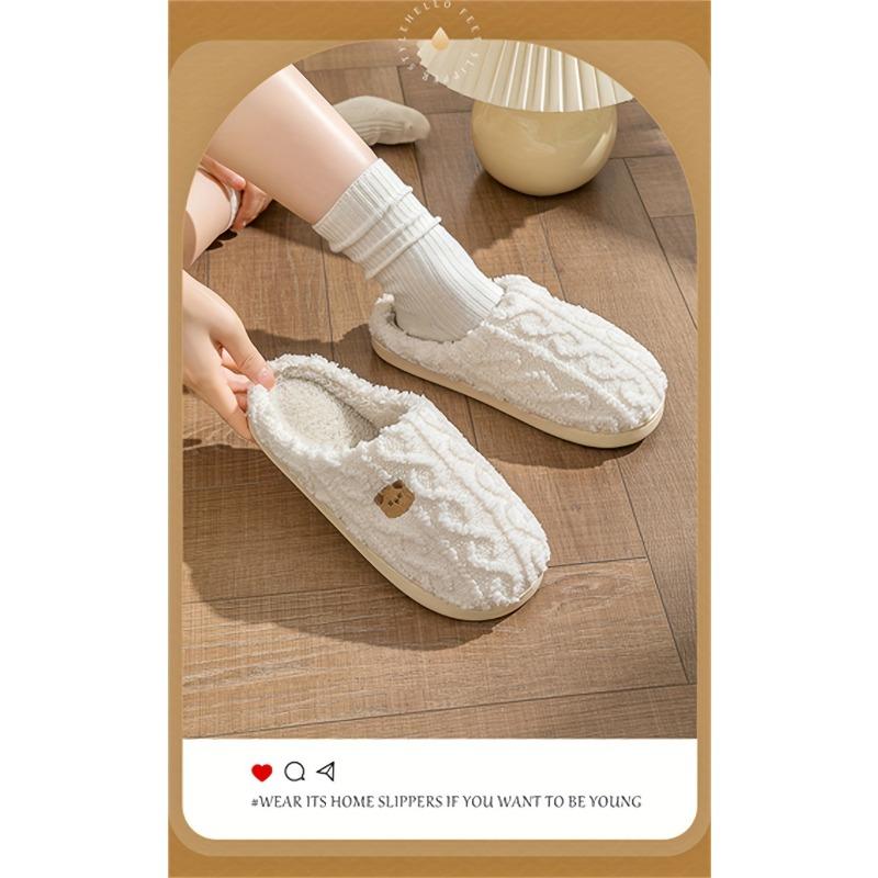 Cozy Slip-On Slippers with Cute Bear Print - Soft Fabric, Warm Winter Slippers for Home, Casual Style, TPR Sole, All-Season Comfort