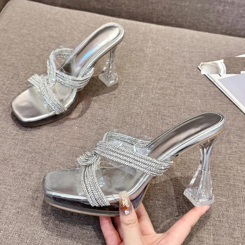 Aneikeh Sexy Crystal Diamond High Heels Women Slippers Square Toe Slides Shoes Summer Banquet Dress