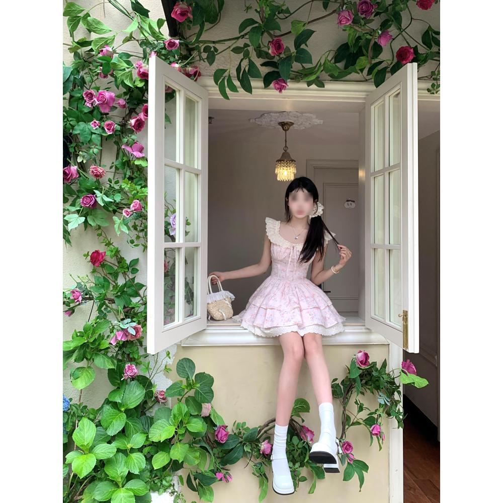 New elegant floral dress women's small flying sleeves lace cake princess fluffy short skirt summer sweet and cute