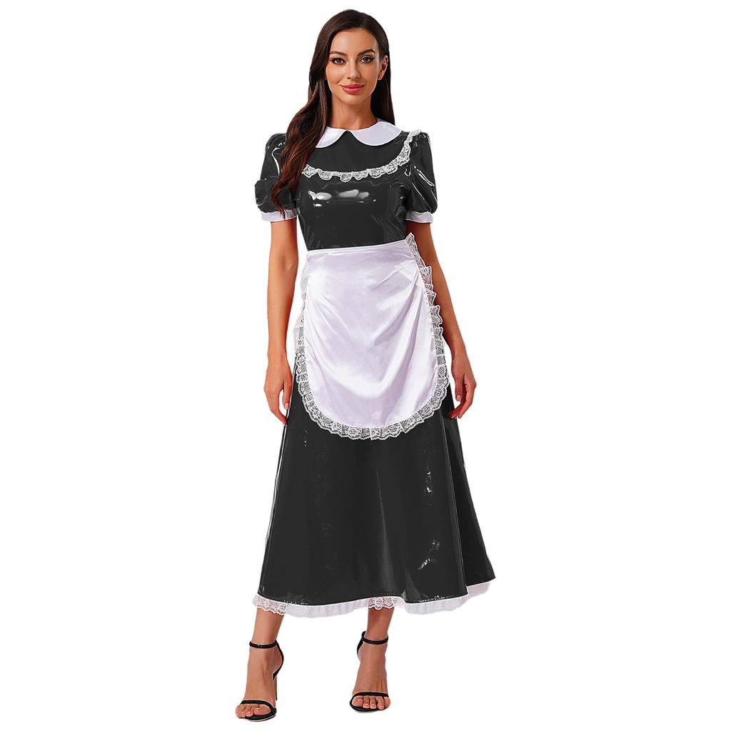 Women French Maid Dress Satin Lapel Collar Lace Trim Short Sleeve Wet Look PU Maxi Apron Costume