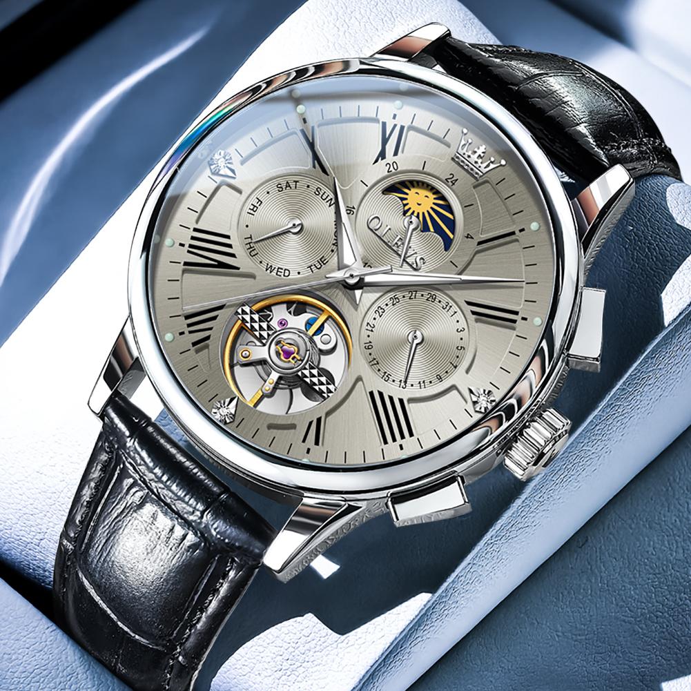 OLEVS Luxury Automatic Mechanical Watches for Men Leather Strap Calendar Week Tourbillon Man Watch Hollowed Men's Watches