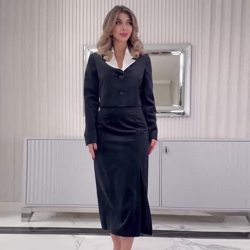 Costum de Toamnă 2024 pentru Femei, Color Block, Guler Reversat, Croială Slim Fit & Set Fustă cu Volan în Talie