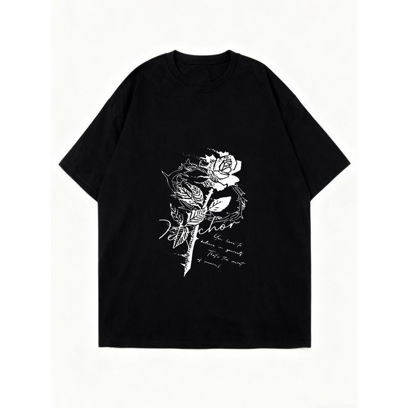 Oversized T Shirt Black Rose Floral Print With Text Graphic Design For Casual Wear