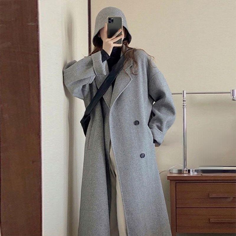 Cotvotee Loose Wool Coat Women Autumn Winter 2023 Fashion Turn Down Collar Long Sleeve Jacket Casual Double Breasted Long Coats