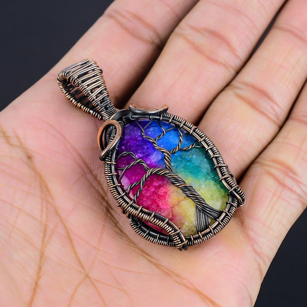Rainbow Solar Quartz 999 Copper Wire Wrapped Pendant, Handmade Gemstone Pendant Jewelry, Gifts For Wife Brand New Pendant