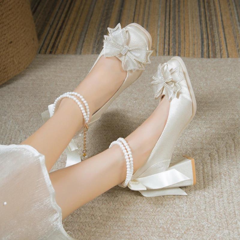 Fashion Elegant Pearls Ankle Strap Pumps Women Spring 2025 Square Toe Crystal Buckle Mary Janes Woman High Heels Party Wedding Shoes 40