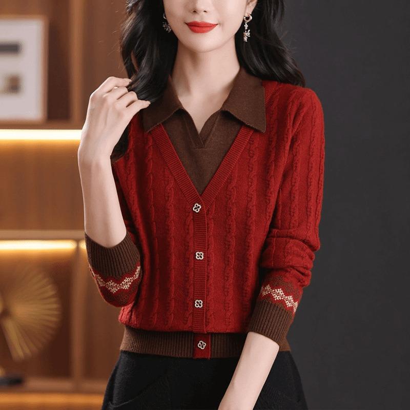 Women's Retro Ethnic Style Knitwear Autumn and Winter Holiday Two-piece Shirt Sweater Loose Flesh Covering Temperament Top