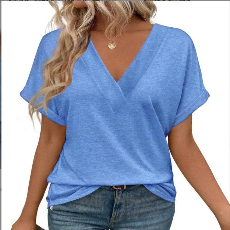 

Summer Fashion Tee Women V Neck Tops Short Sleeve Basic T Shirts Loose Fit 2XL небо синє кольору