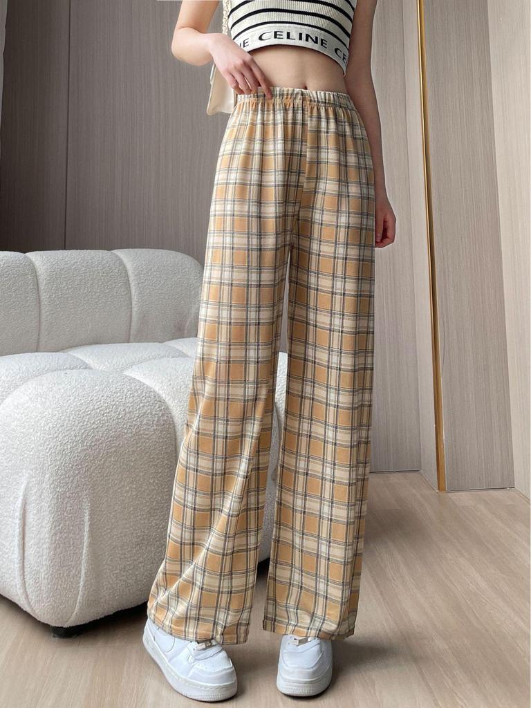 Plaid High-Waist Wide Leg Pants - Lightweight, Versatile, Plus Size, Women's Slimming Loose Fit, Spring/Summer Style.