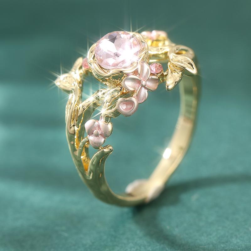 Classic Inlaid Pink CZ Flower Women's Ring Trendy Gold Color Hand Carving Daily Wear Party Jewelry Anniversary Gift
