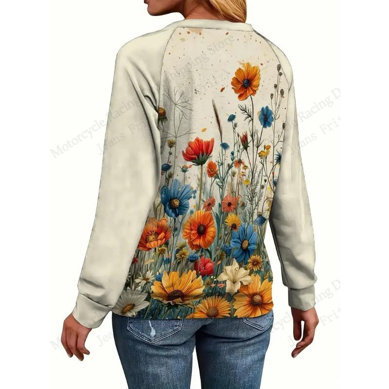 Bird Floral Patterns Graphic 3d Print T-Shirt Women Fashion Casual Oversized Long Sleeve T-shirt Women Clothing Flower Tops Tees
