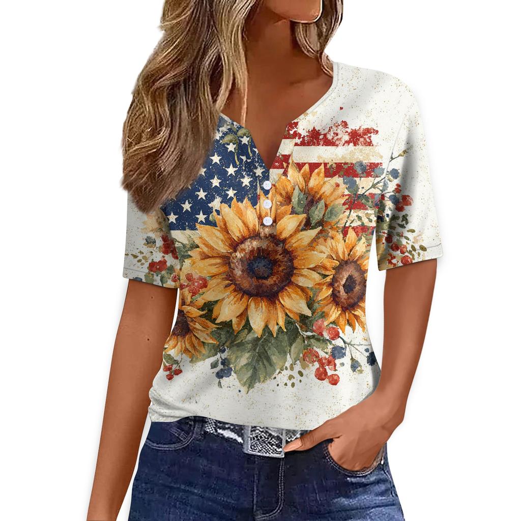 Women Casual V Neck Short Sleeve T Shirt Button Detail Sunflower Print Lightweight Summer Top for Everyday Wear