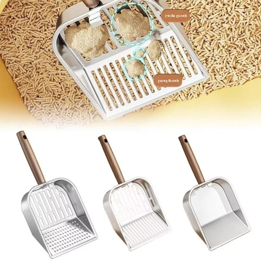 Stainless Steel Cat Litter Scoop Long Handled Wooden Handle Pet Waste Picker Hollow Design Large Waste Removal Sifting Tool