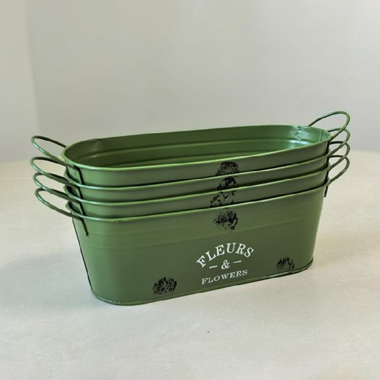 Modern Oval Iron Plant Pot Container With Reinforced Handle Rustproof Suitable For Indoor Outdoor Greeneries Arrangement