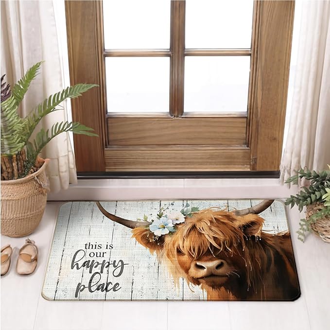 Christmas Highland Cow Carpet Mat Rug -Red Plaid Snowflake & Beige Wood Pattern Non-slip Home Decoration Floor Mat Welcome Mat