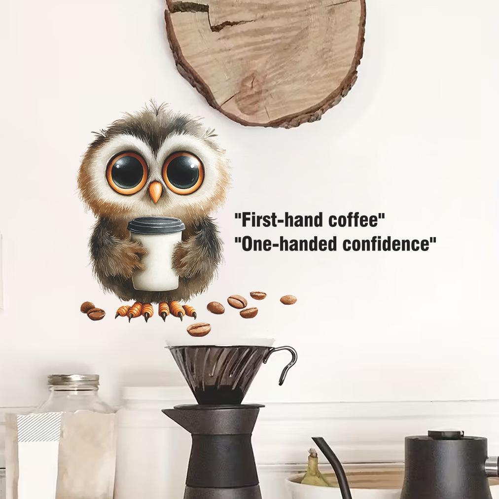 

Cartoon Owl Drinking Coffee with Motivational Quote Cafe Wall Sticker Self-Adhesive Removable Decal 29x40cm різнокольоровий