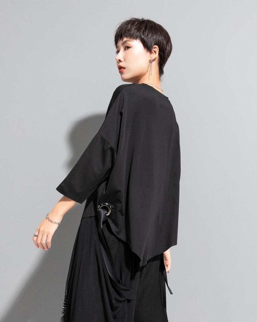 Morino Sleeve with Drop Asymmetrical Ring Loose and Trendy for Spring and Summer Women's 3/4 T-Shirt Shoulder, Design, Fit, Unique, (L, Black)