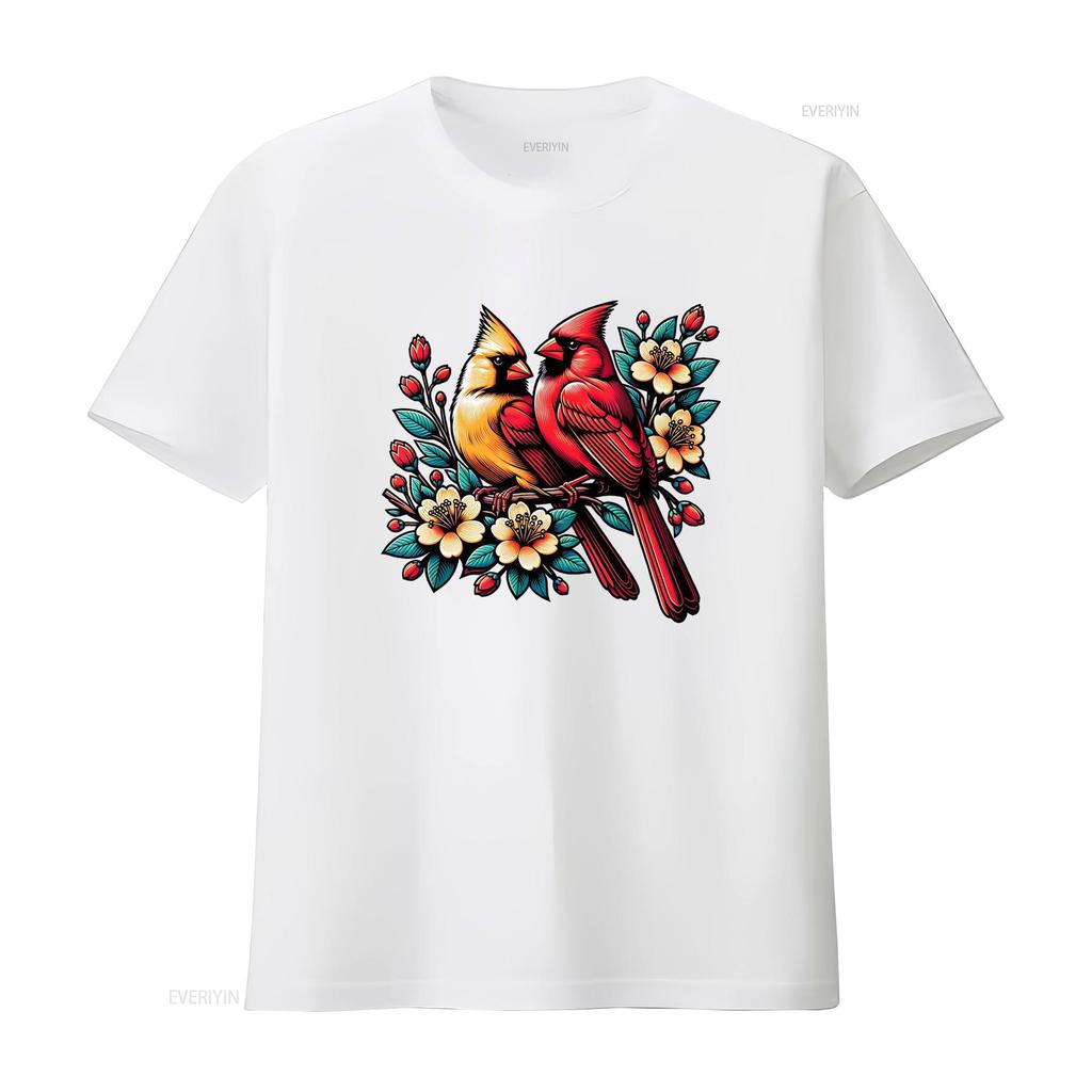 Adorable Red Cardinal Pair on Blooming Branch Spring Lovers T Shirt vintage Washed Comfortable designer clothes Slightly