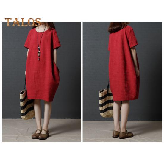 Lady Summer Dress O Neck Short Sleeves Pure Color Loose Side Pockets Knee Length Pullover Casual Commute Midi Dress