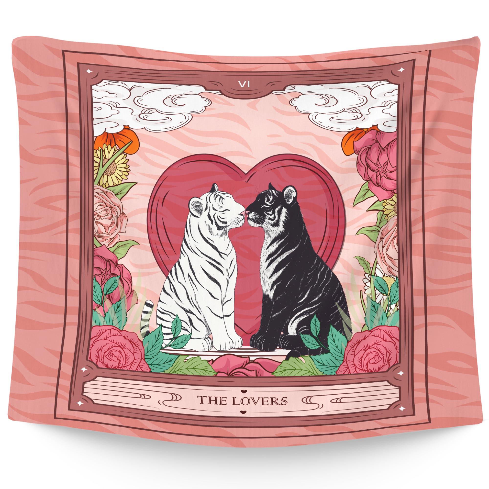 

VIKAMA Pink Hearted Tiger Tapestry Tarot Card Love Theme Wall Hanging Cloth for Living Room Bedroom Dormitory Decoration 74x94cm(29x37in)